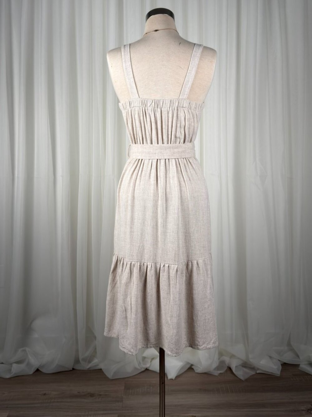 Monteau Belted Button Front Tiered Midi Sundress Cottagecore Beige Womens Size M - Picture 3 of 8